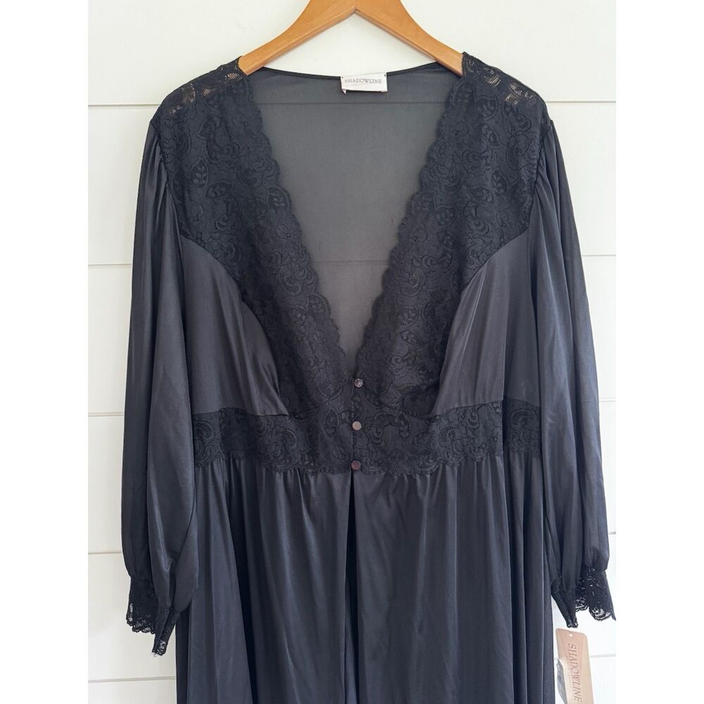 Vintage Shadowline Black Sheer Lace Nylon Robe Maxi Gothic Boudoir Lingerie 3X